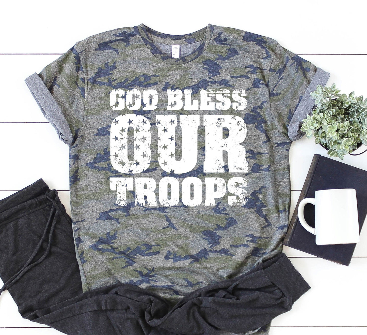 God Bless Our Troops Camo Graphic T ❤️